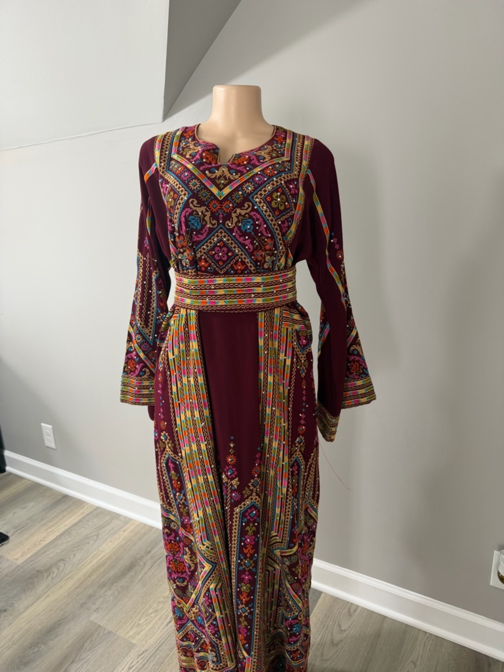 Embroidered maroon red thobe Palestinian with belt